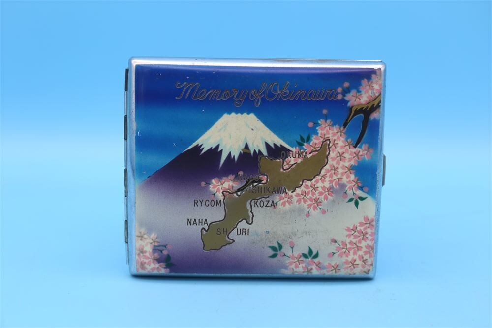 Japanese Antique Cigarette Case Okinawa Mount Fuji Cherry Blossoms 50s Vintage