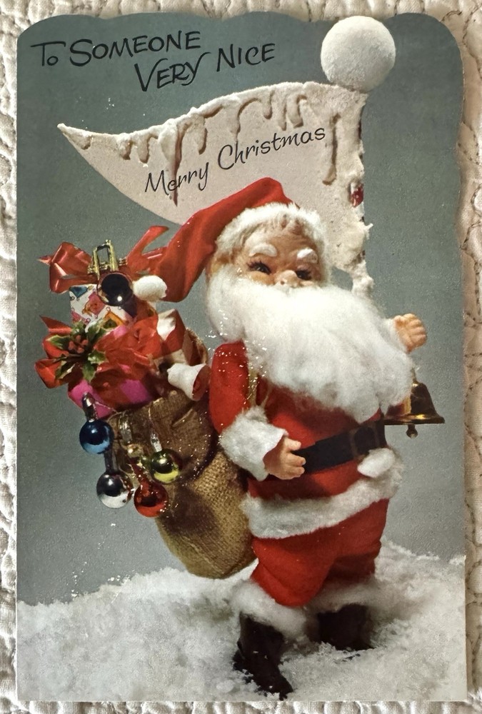 Unused Christmas Santa Sign Bag Toys Real Look Vtg Greeting Card 1950s 1960s