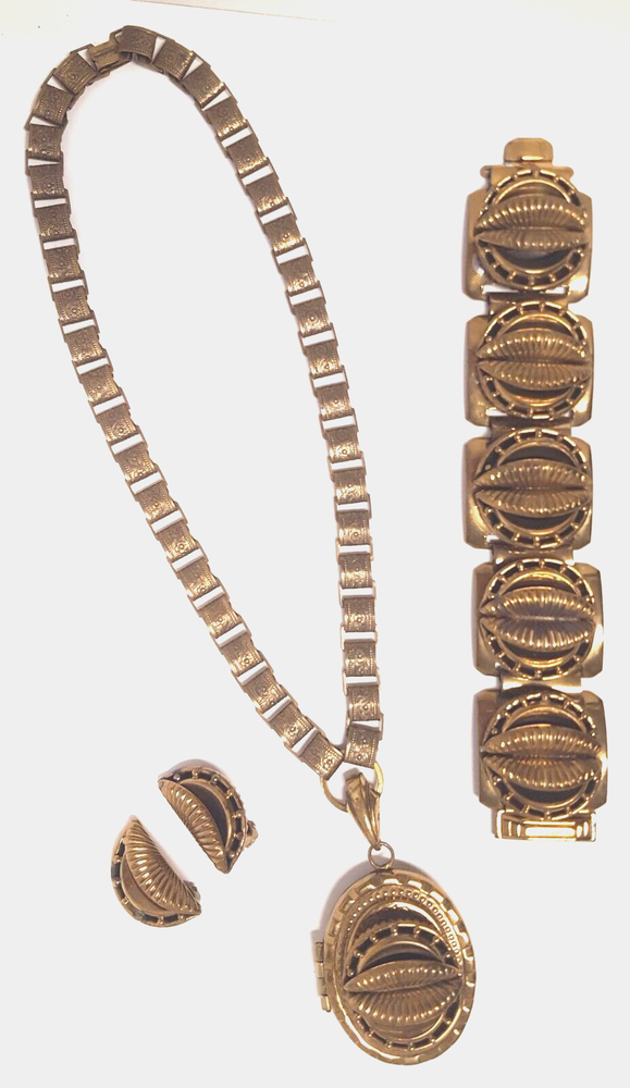 Victorian Revival Book Chain Locket Necklace Bracelet Earrings Vintage Set