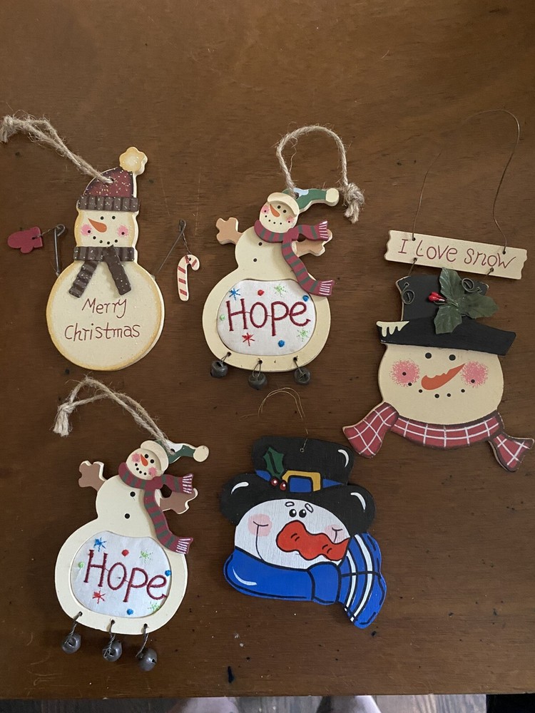 Set Of 5 Wooden Snowman Ornaments