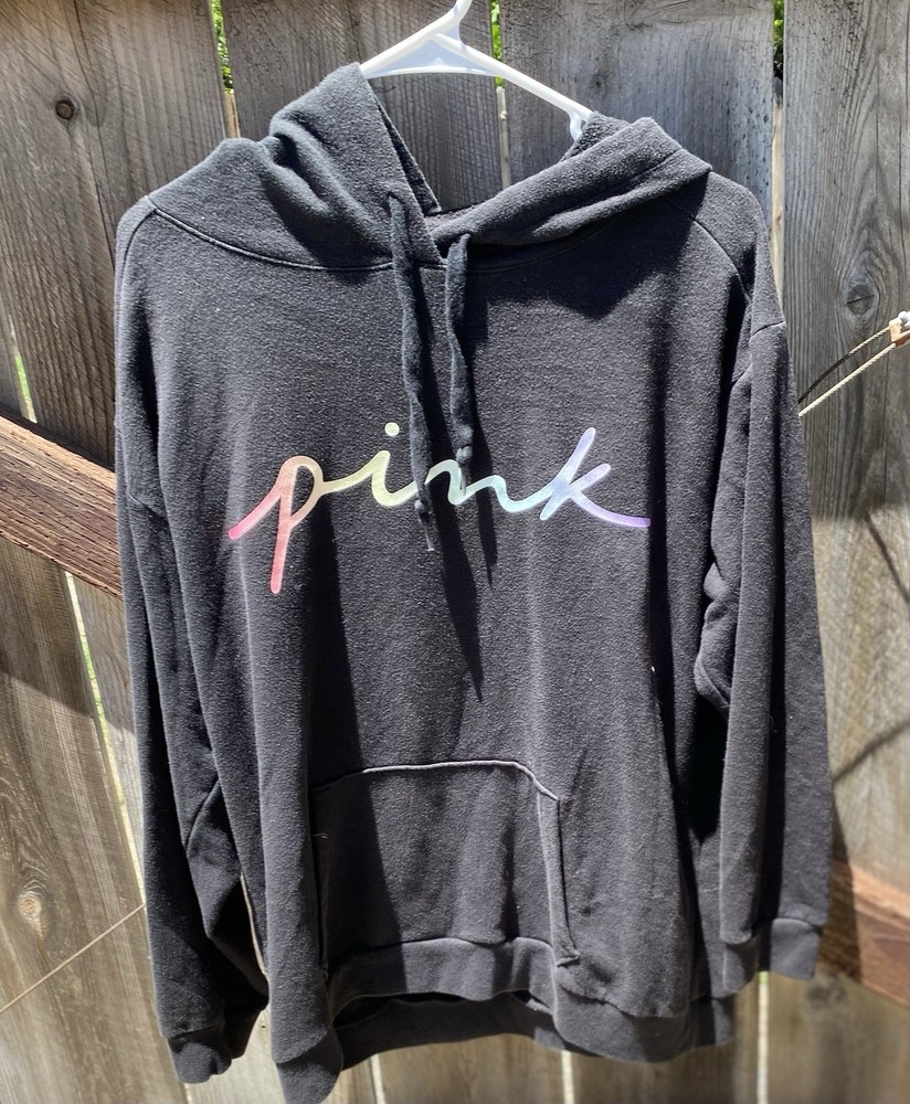 PINK Victoria's Secret Black Pullover Hoodie Crew Neck Logo Women's Regular L
