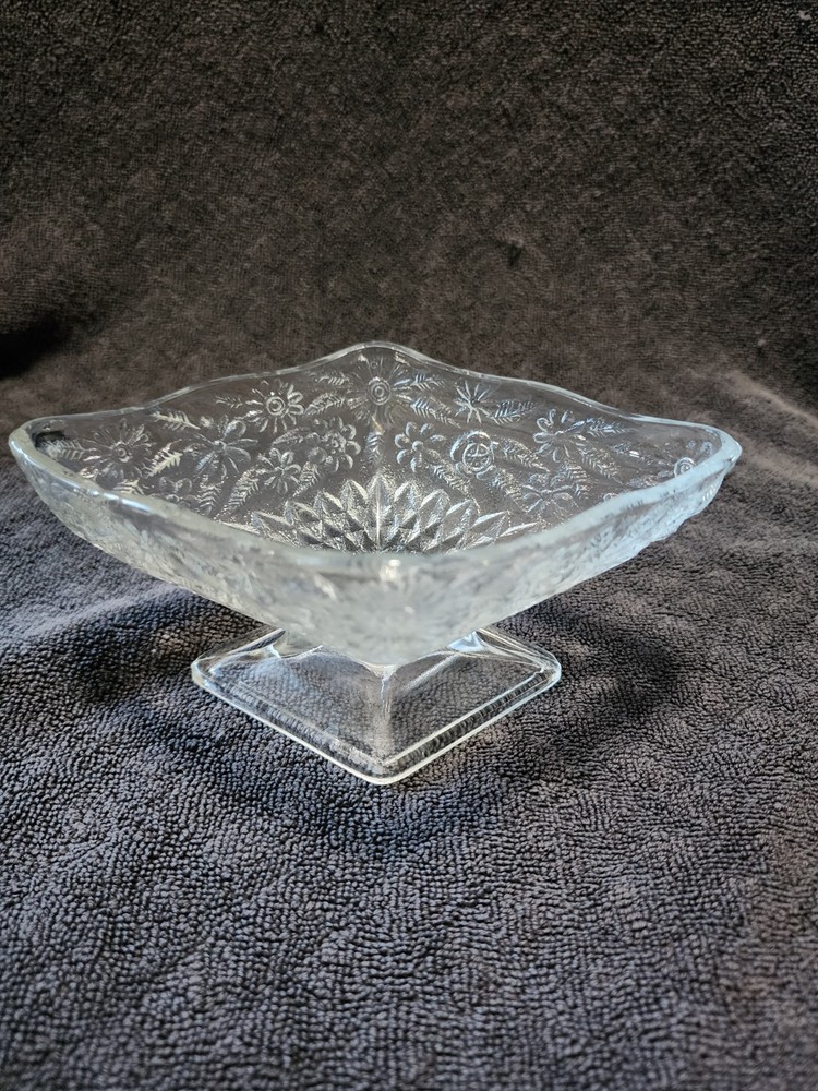 Indiana Glass Candy Dish Clear Pressed Diamond Shape Pedestal Vintage MCM