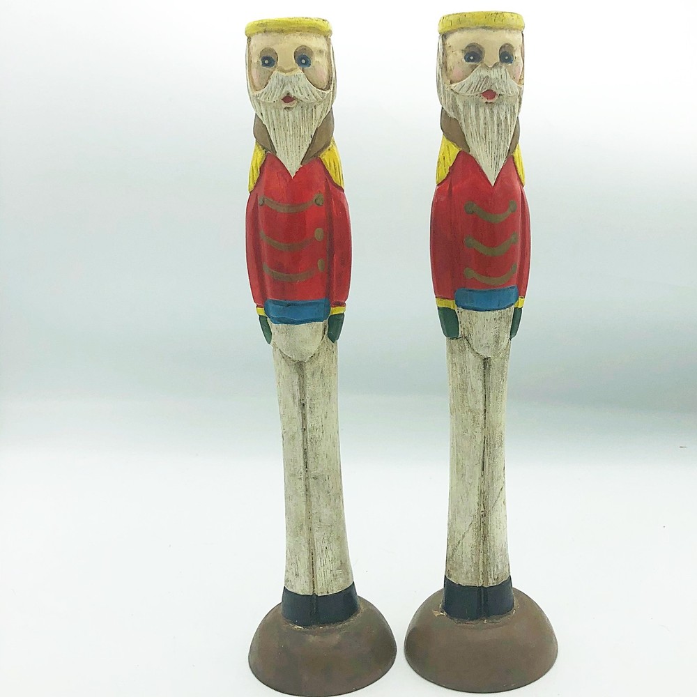 Set of 2 Vintage Wooden Christmas Soldier Taper Candle Holders