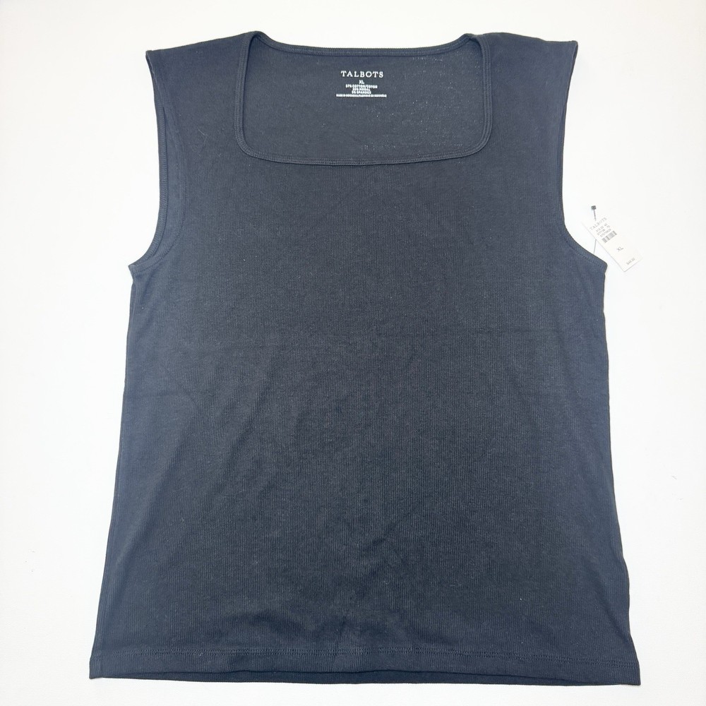 Talbots Square Neck Ribbed Tank Top XL Black Base Layering Capsule Basic Casual