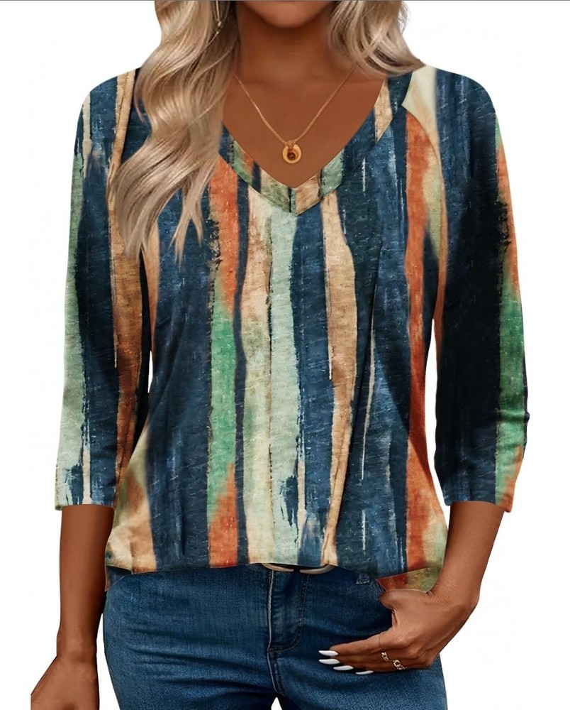 Multicolor Striped Knit V-Neck Pullover 3/4 Sleeve Women's Tunic Top M