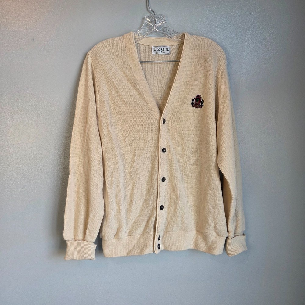 Vintage Izod Men's Beige Crest Cardigan Sweater Medium Button Front Preppy Retro