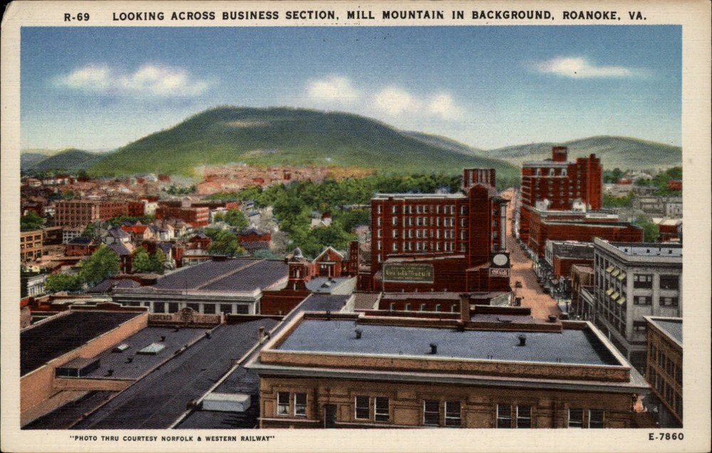 Roanoke Virginia ~ Mill Mountain ~ business section ~ aerial ~ linen postcard