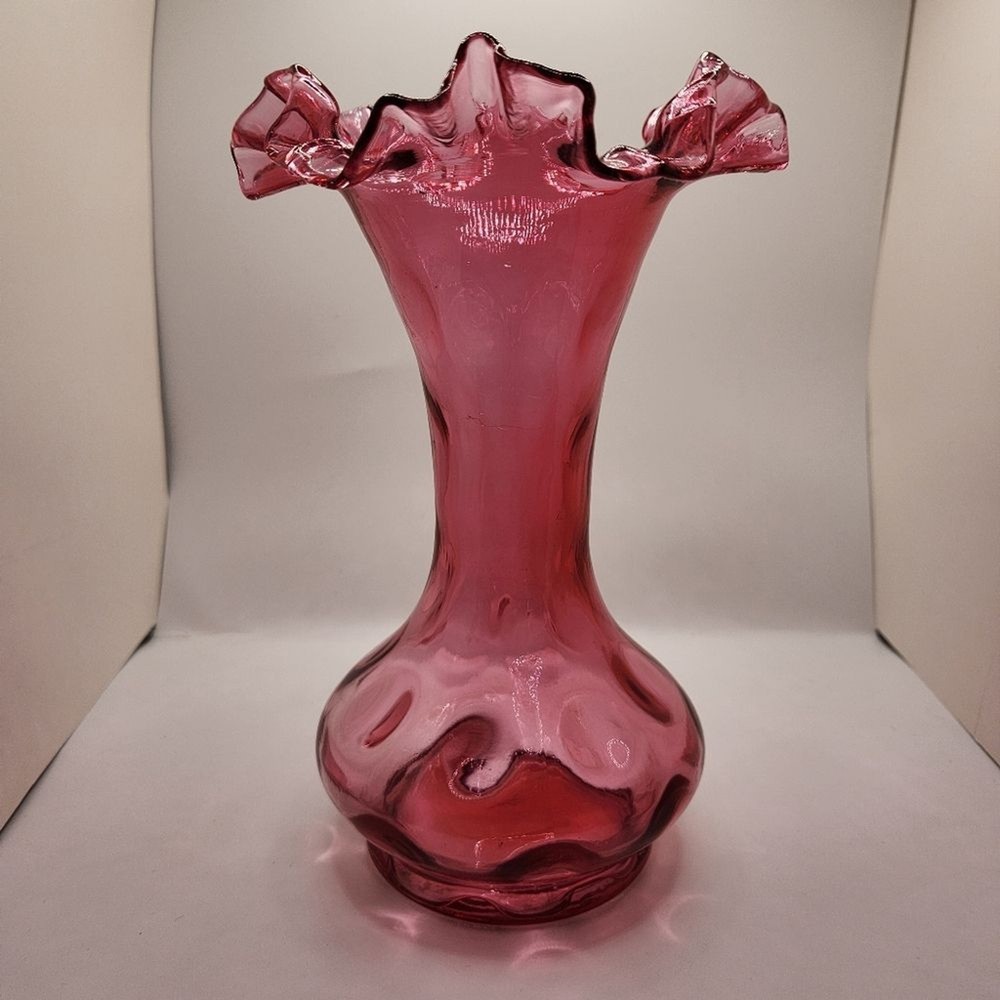 Vtg depression tulip thumbprint cranberry colored glass vase retrocore cottage