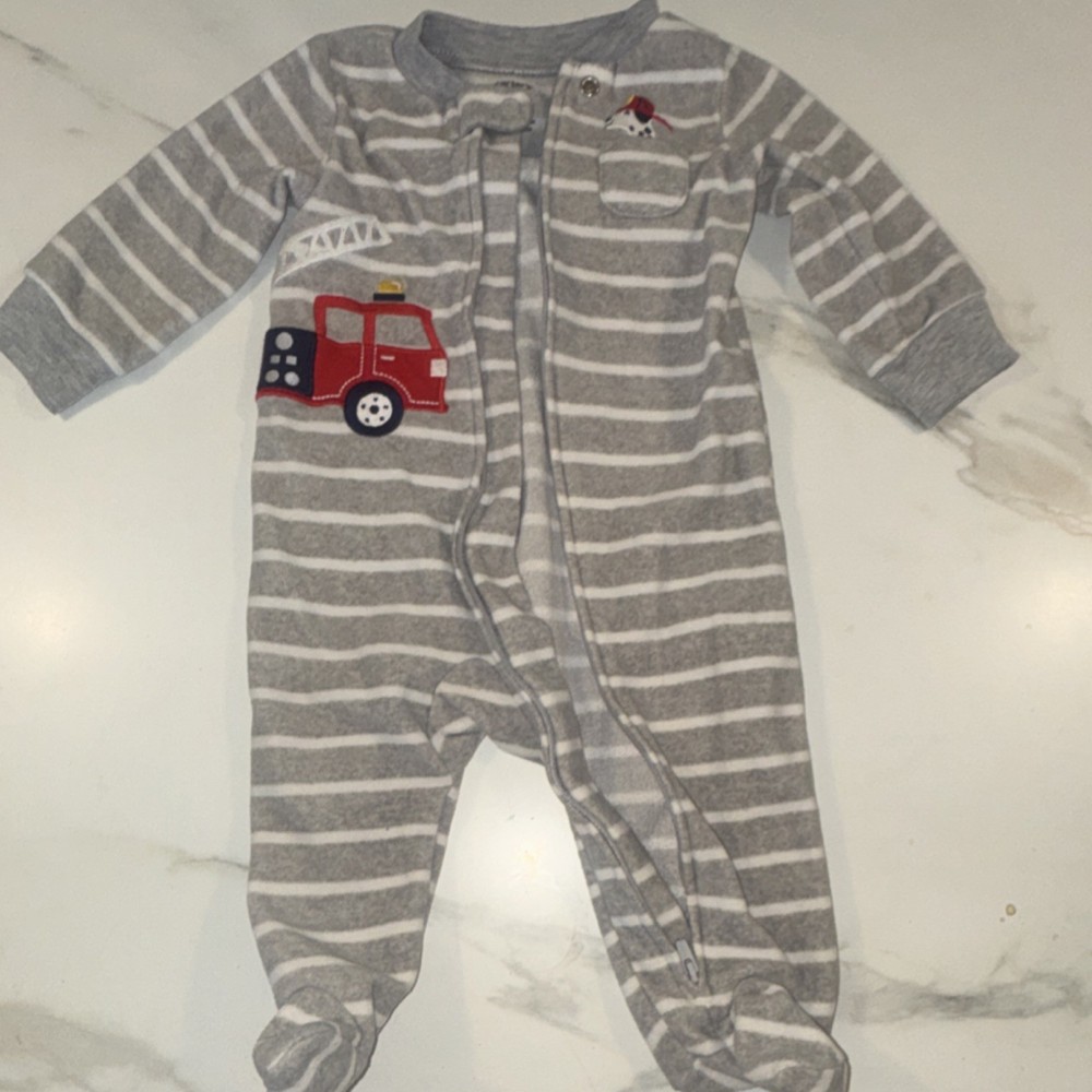 Carter's 6M Gray Striped Fire Truck Dalmatian Long Sleeve Zip Coverall One-Piece