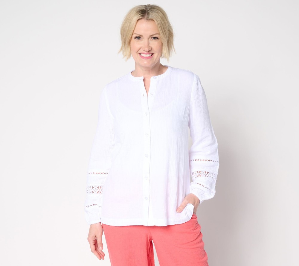 Belle by Kim Gravel Women's Top Sz M Cotton Gauze Ladder Lace White A691547