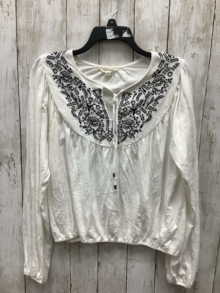 Lucky Brand Women's Medium White Embroidered Boho Peasant Blouse Long Sleeve