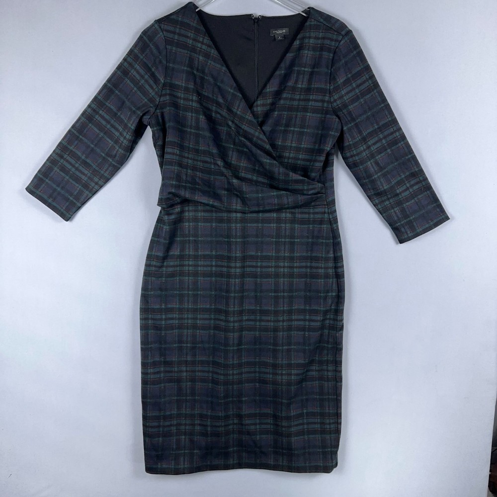 Ann Taylor Plaid Sheath Dress Size 8 Green 3/4 Sleeve V-Neck Back Zip Faux Wrap
