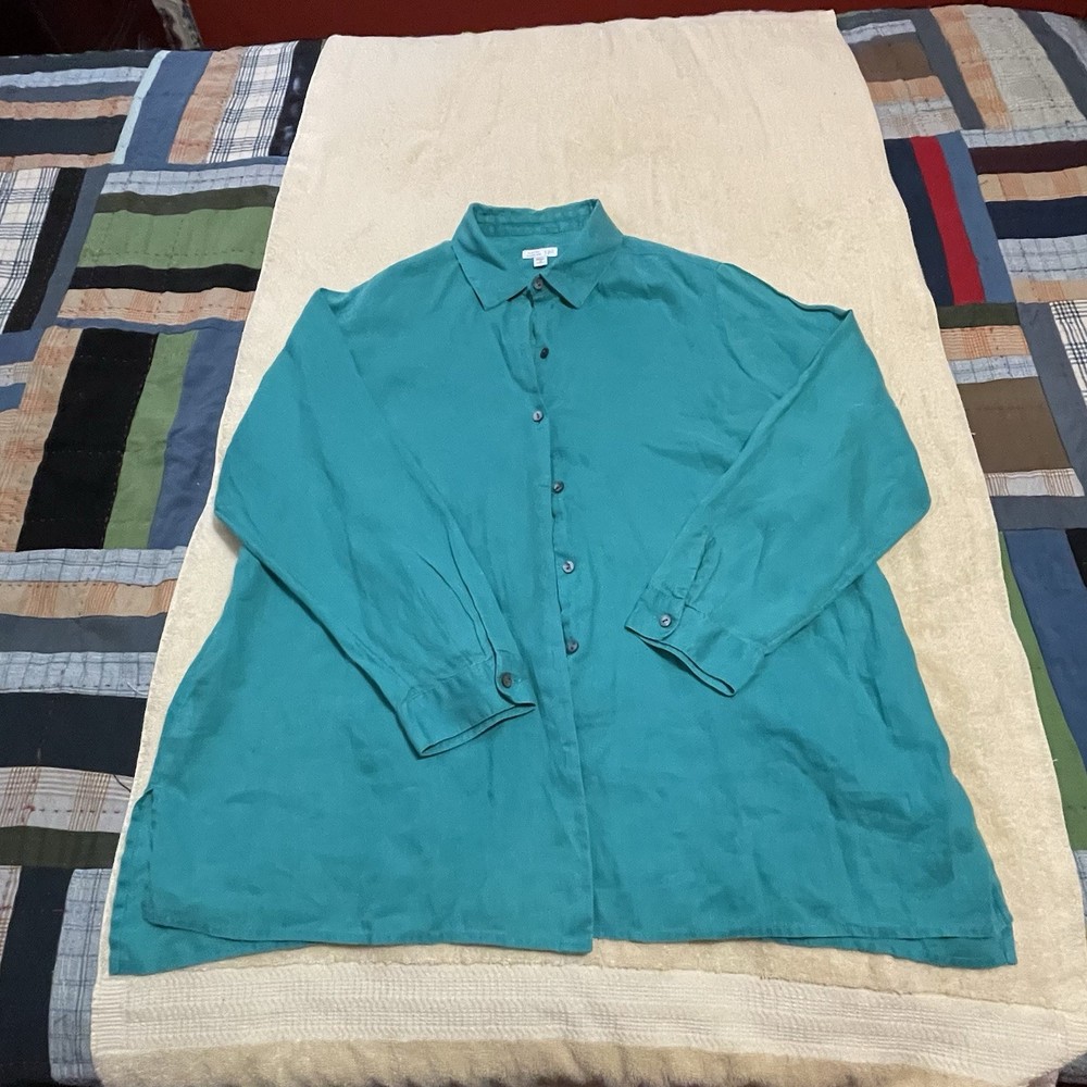 J JILL Love Linen Top Blue 100% Linen Long Sleeve Button Down Shirt 2X J.Jill