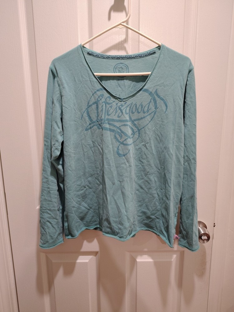 Large  Women's Life is Good Teal/Blue Green  Heart V Neck line Long Sleeve Logo
