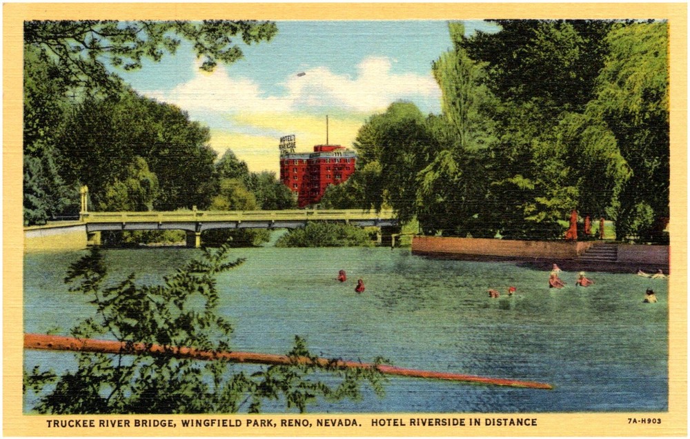 Truckee River Bridge & Hotel Riverside Wingfield Park Reno Nevada Linen Postcard