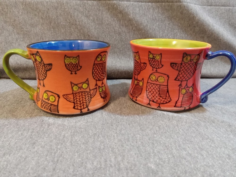 Pier 1 Imports Coffee Tea Cup Mugs Colorful Owls Set Of 2 Stackable Whimsical
