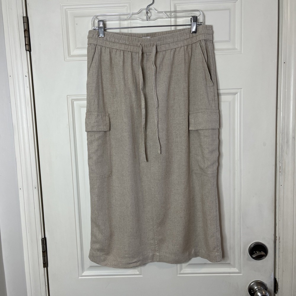A New Day Women's Linen/ Rayon Blend Cargo Slip Midi Skirt Size M Beige