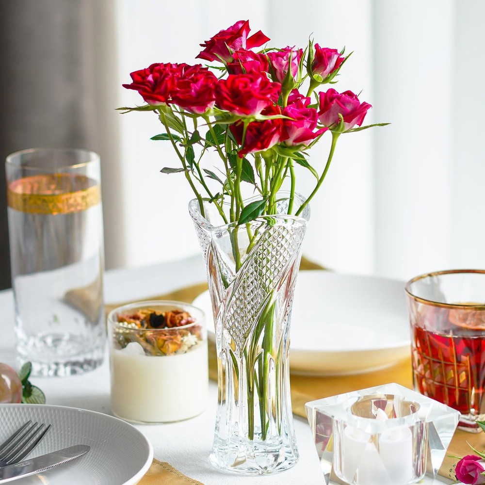 Clear Crystal Vases for Centerpieces 6.5 Inch Modern Glass Vase for Decoratio...