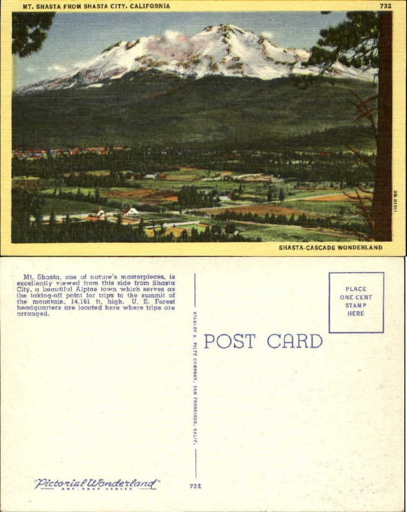 Mt Shasta from Shasta City California snow topped mountain unused 1940s postcard