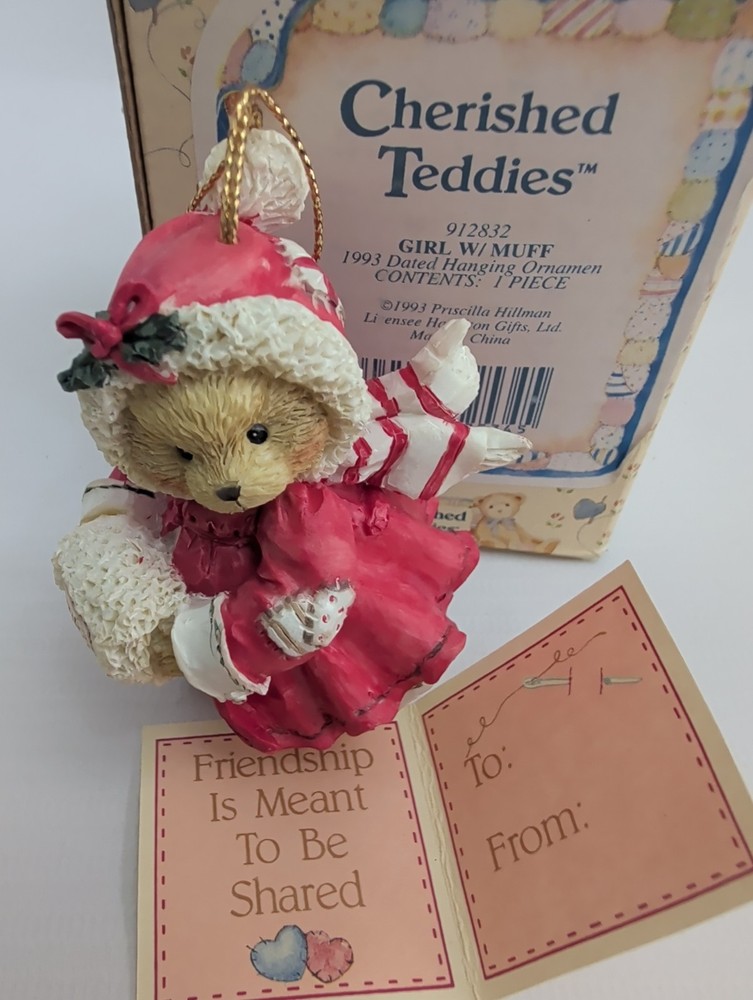 Vtg Cherished Teddies Girl with Muff Ornament Figure Teddy Bear 1993 Christmas