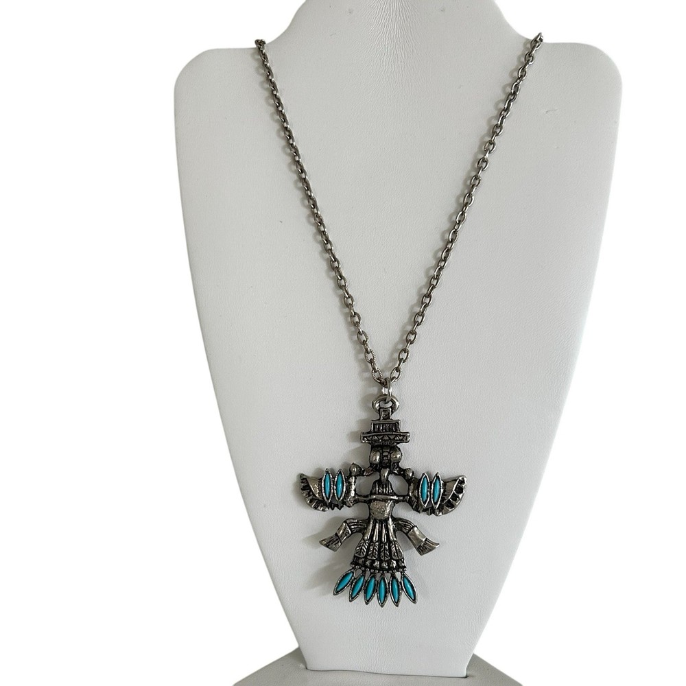 Vintage Faux Turquoise Kachina Silver Tone Southwestern Style Pendant Necklace
