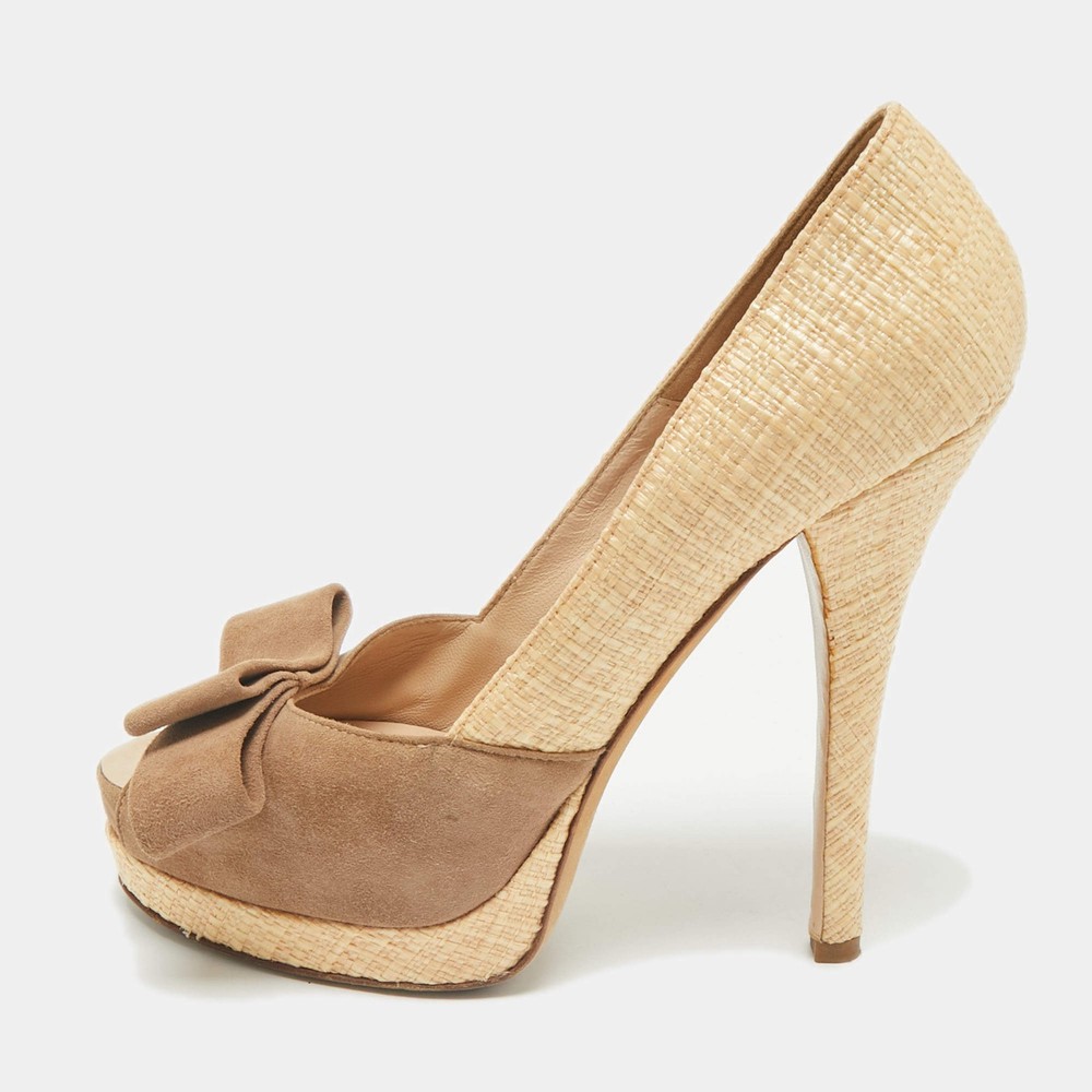 Fendi BeigeBrown Suede And Jute Bow Detail Peep Toe Platform Pumps Size 39