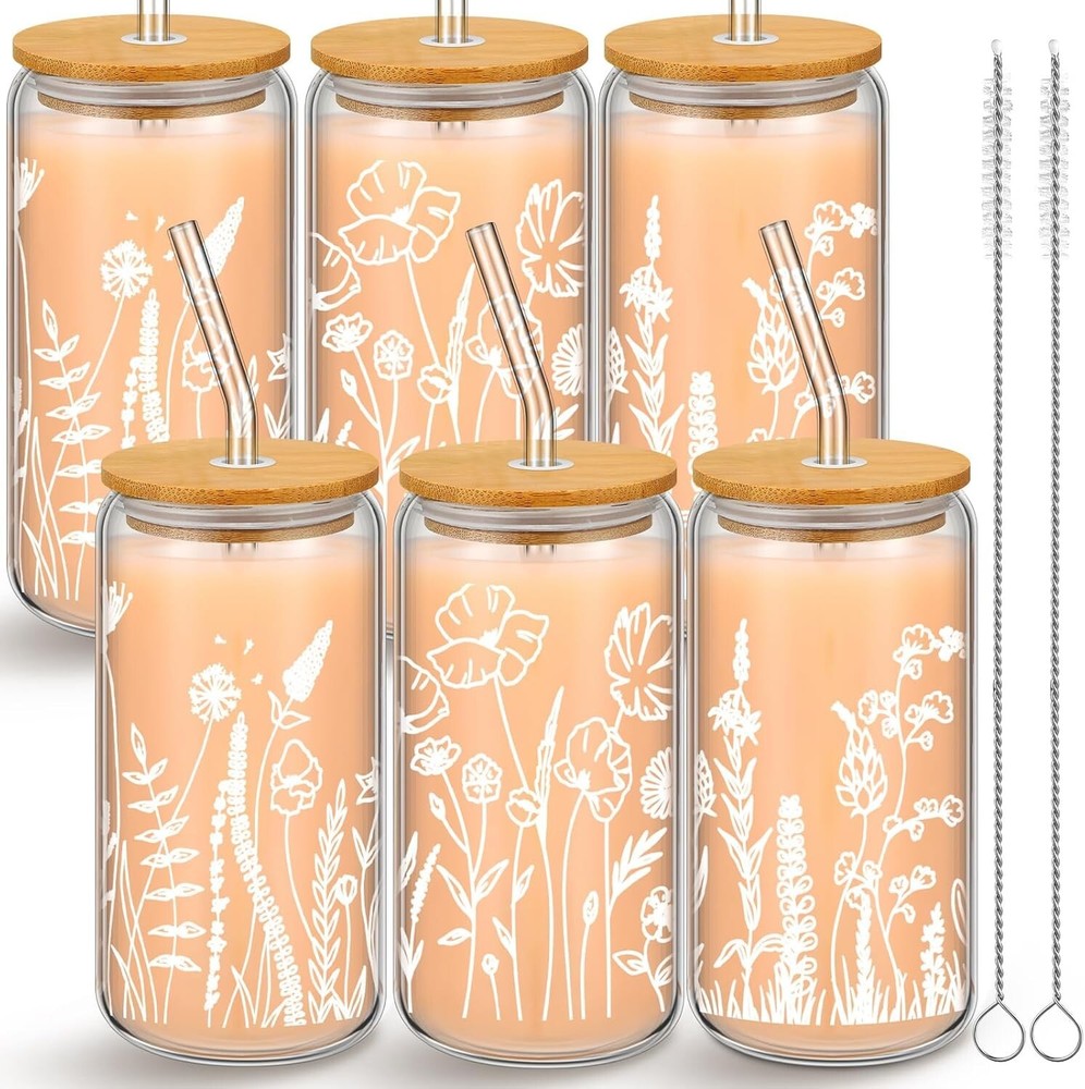 Elegant 16 oz Floral Glass Cups with Bamboo Lids & Cleaning Brushes, 6 Pcs Set