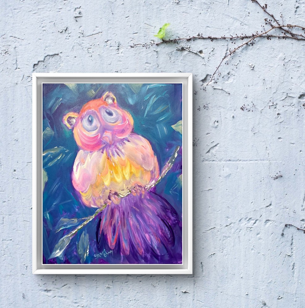 14 X 11 Original  Whimsical Owl Acrylic Painting Home Decor Modern  Art  Canvas