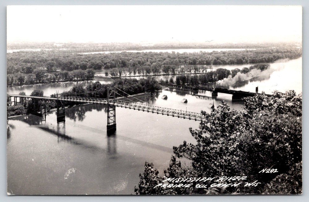 RPPC~Prairie Du Chien Wisconsin~Mississippi River Bridge Air View~c1950 Postcard