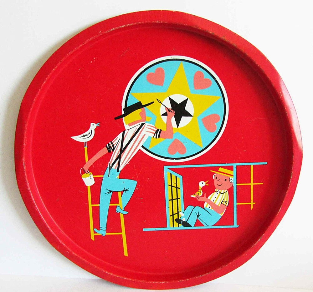 Vintage Red Tin Tray with Amish Painting Hex Sign on Barn 11