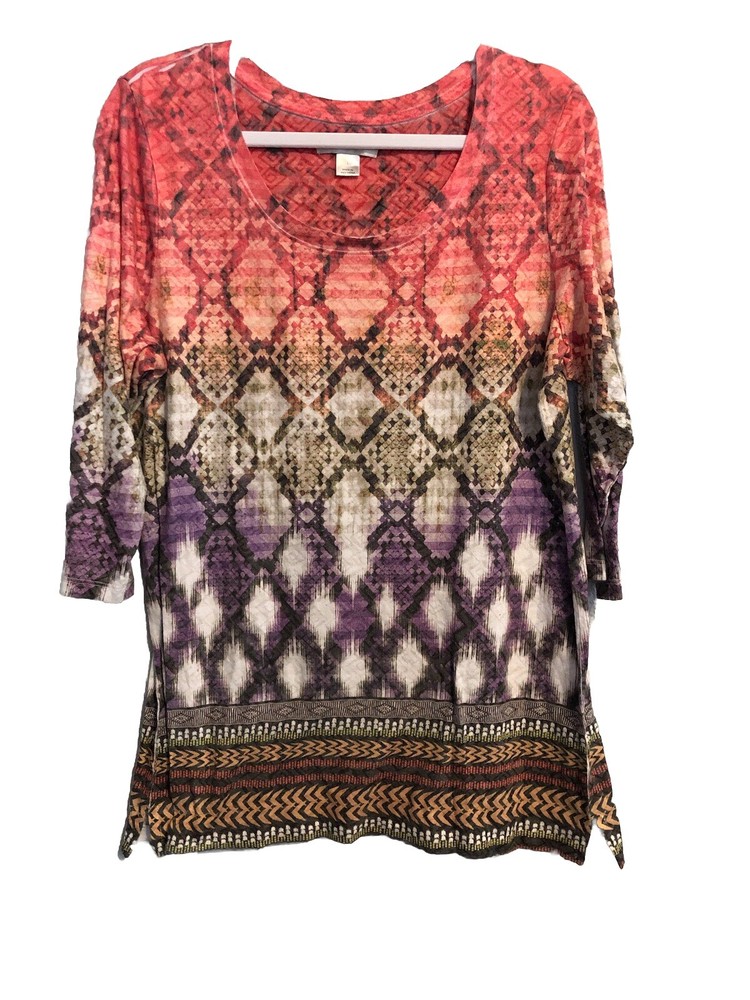 Christopher & Banks Womens Blouse L 3/4 Sleeve Retro Boho Geometric Aztec Top