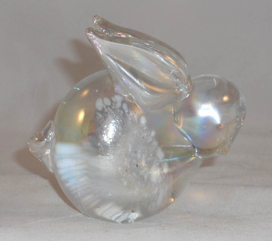 Vintage Clear Art Glass Figural Paperweight Sitting Rabbit with Large Ears