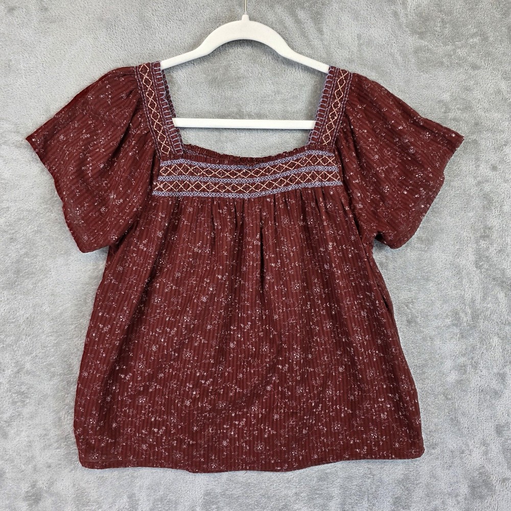 Madewell Blouse Womens XS Red Square Neck Puff Sleeve Embroidered Top Boho