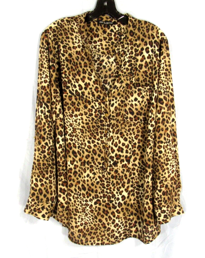 ZAC & RACHEL BROWN/BLACK Leopard Print GEORGETTE 1/2 Button V-NECK Top Blouse 2X