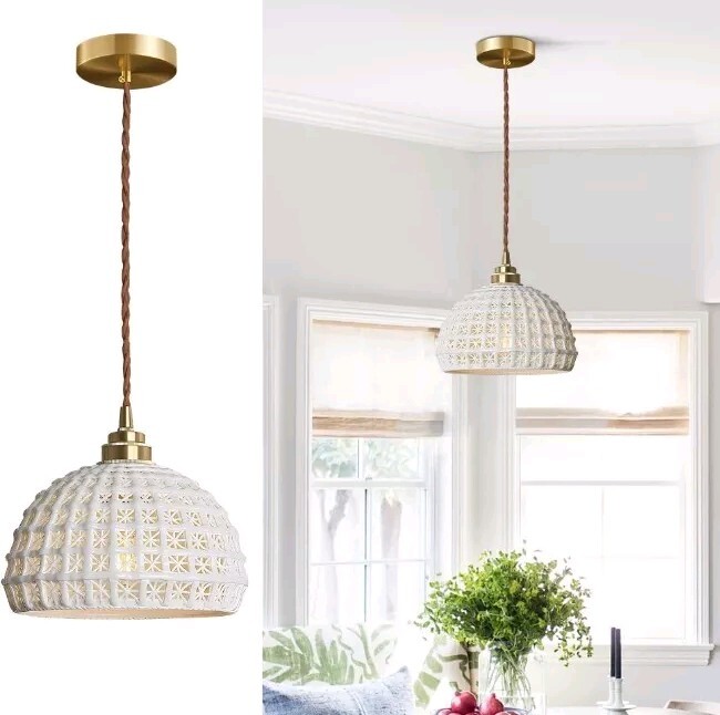 White Ceramic Pendant Light Elegance Nordic Hanging Lamp Brass Finish Modern ...