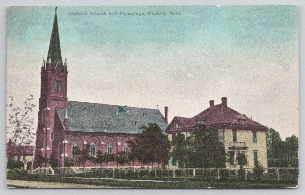Wadena, Minnesota Catholic Church & Parsonage Postcard 1910 Postmark