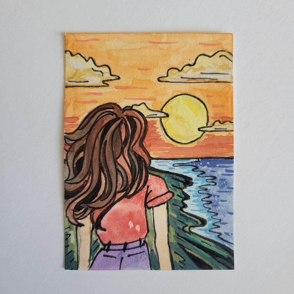 ACEO Original Landscape Watercolor Acrylic Painting Mini Art Card Signed