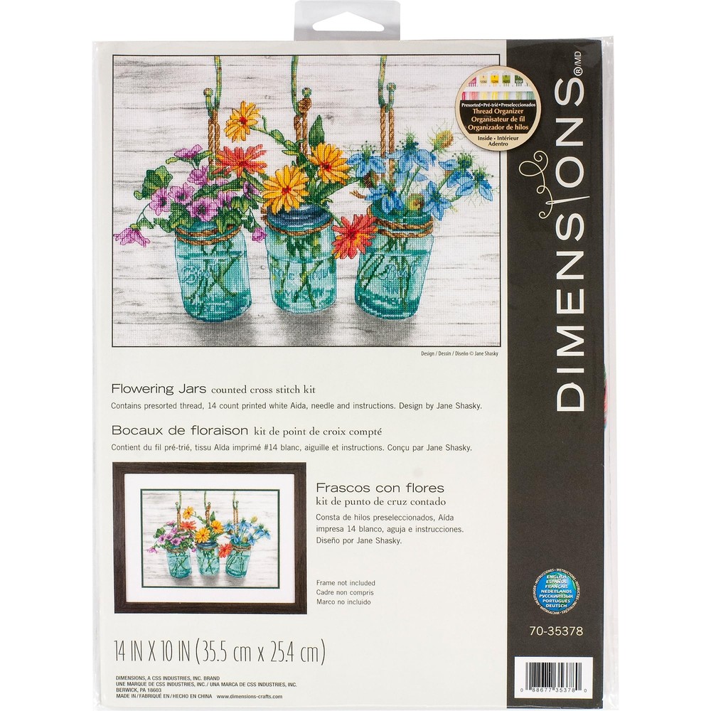 70-35378 Mason Jar Flowers Counted Cross Stitch Kit, 14 Cnt. White Aida Cloth...