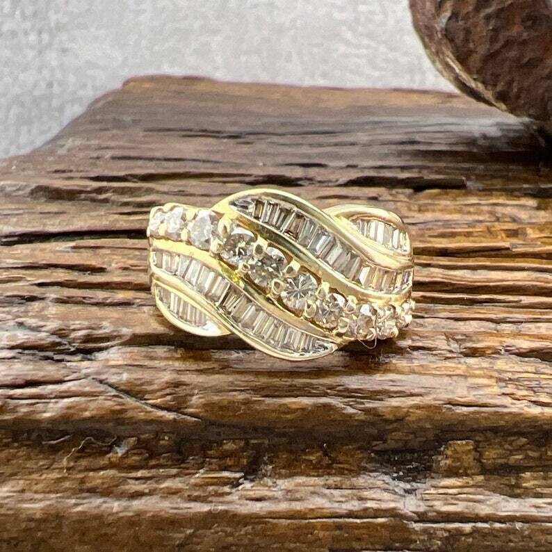 Round & Baguette Cut Simulated Diamond Fancy Wedding Ring 14K Yellow Gold Plated