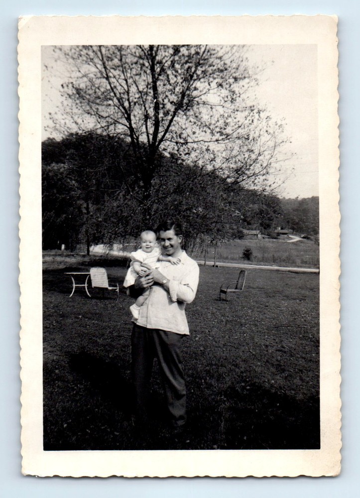 Old Vintage Photo MAN STANDING OUTSIDE HOLDING BABY GIRL SNAPSHOT PICTURE PIC