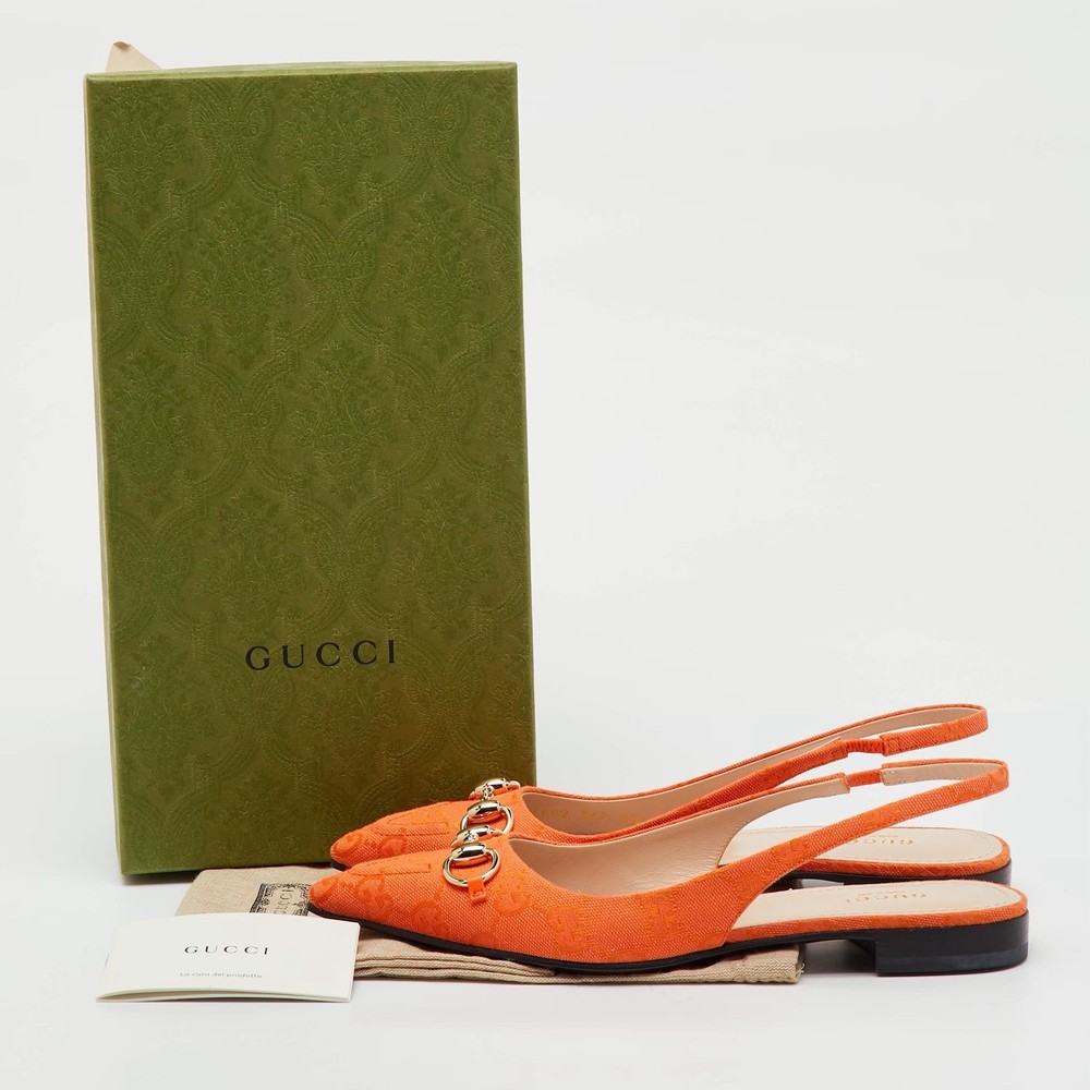 BNWT Gucci Orange GG Canvas Horsebit Slingback Flats Size 37.5 US 7.5