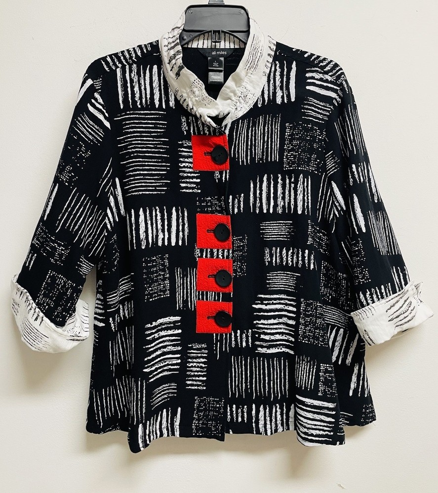 ALI MILES Black & White Wearable Art Side Pocket 3/4 Sleeve Top - Women’s Size L
