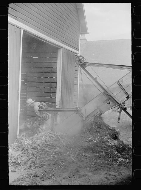Photo:Grundy County Iowa 1939 Shelling Corn EverNormal Granary Farm Worker