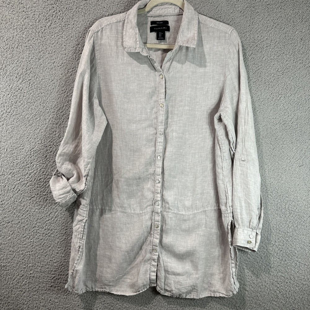 Tahari Button Up Tunic Shirt Womens L Beige 100% Linen Long Roll Tab Sleeve