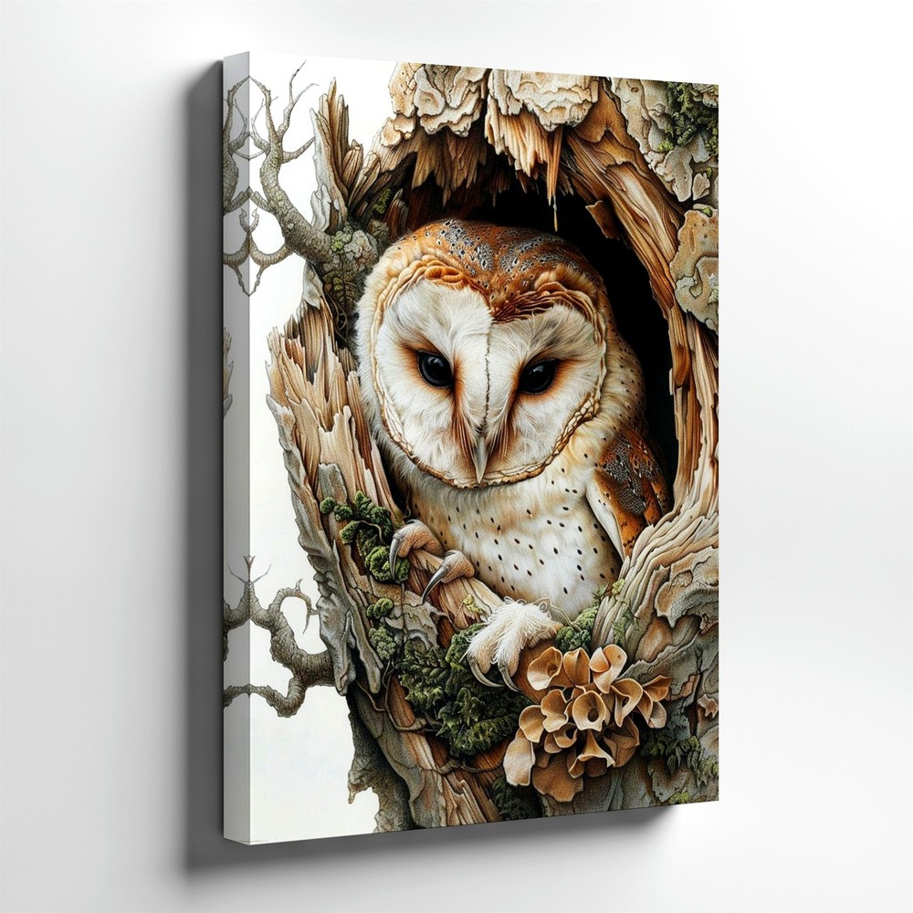 Wall Art Barn Owl in Tree Hollow Print Woodland Bird Nature Rustic Decor Poster