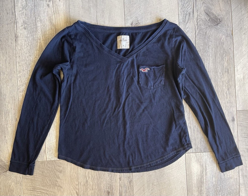 HOLLISTER Abercrombie V Neck Pocket Long Sleeve Basic Y2K T Shirt Top Blouse M
