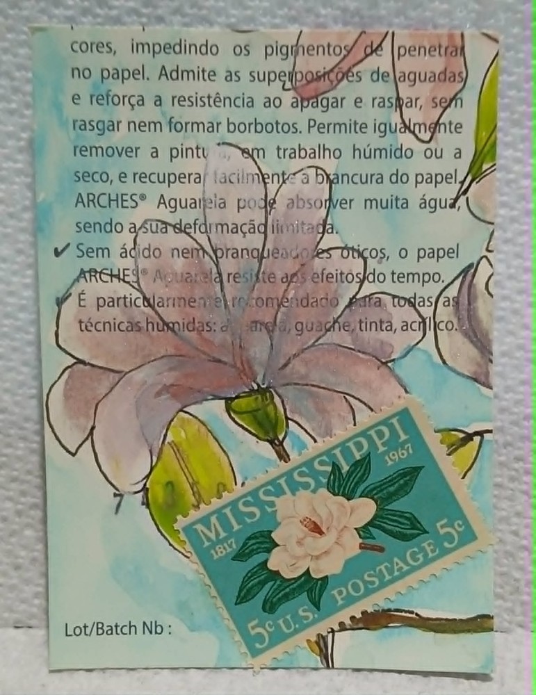 Postal Whimsy OOAK ACEO Mississippi Magnolia 5¢ Stamp Watercolor & Ink Florals