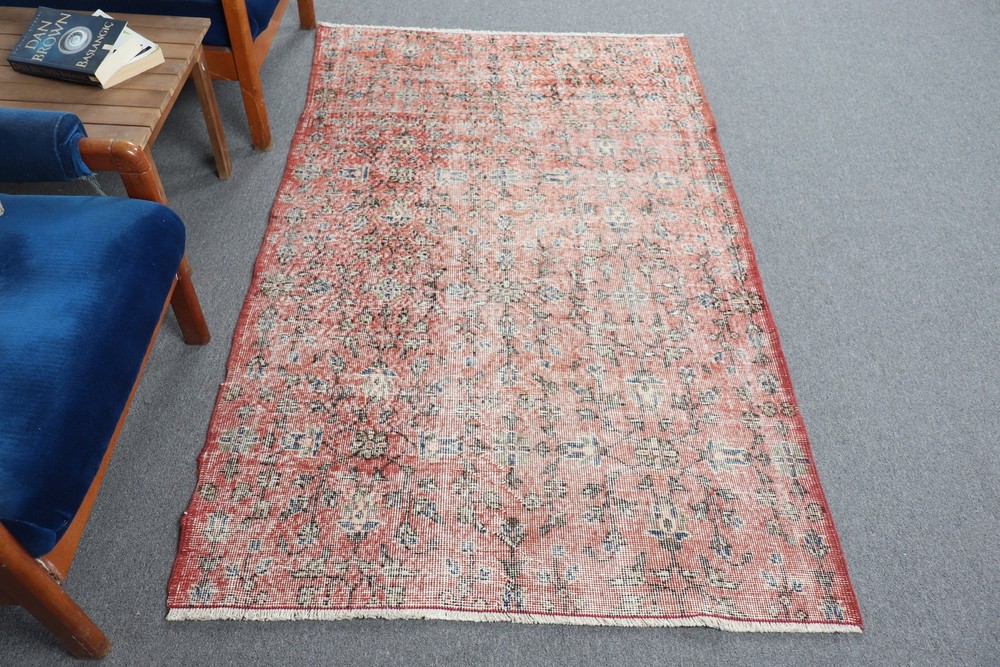 Vintage Rug, 3,8x6,2 ft Turkish Rug, Red Blue Patchwork Wool Rug