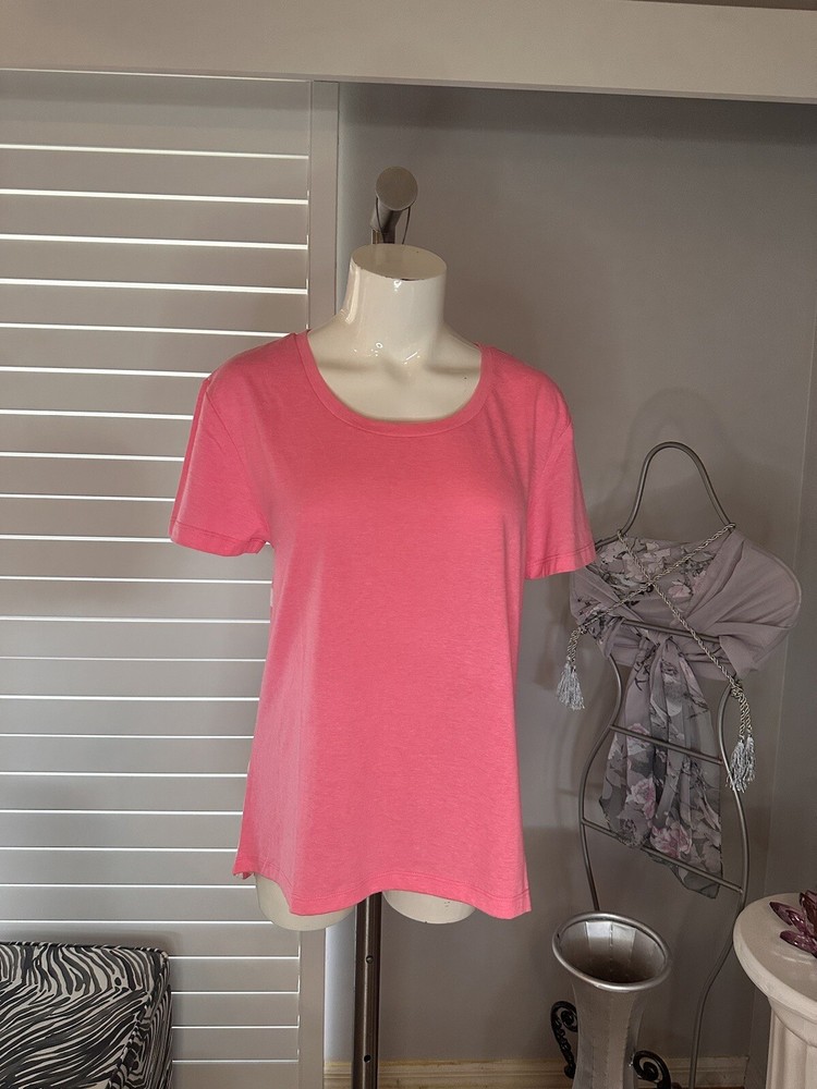 New Woman’s Coconut Creek Pink White Striped Hi Lo Short Sleeve Shirt Top XL