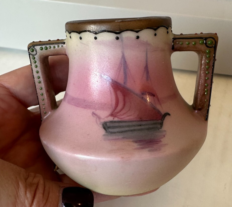 Vtg NIPPON hand painted Noritake Morimura Small Vase With Sailboat Pink  3